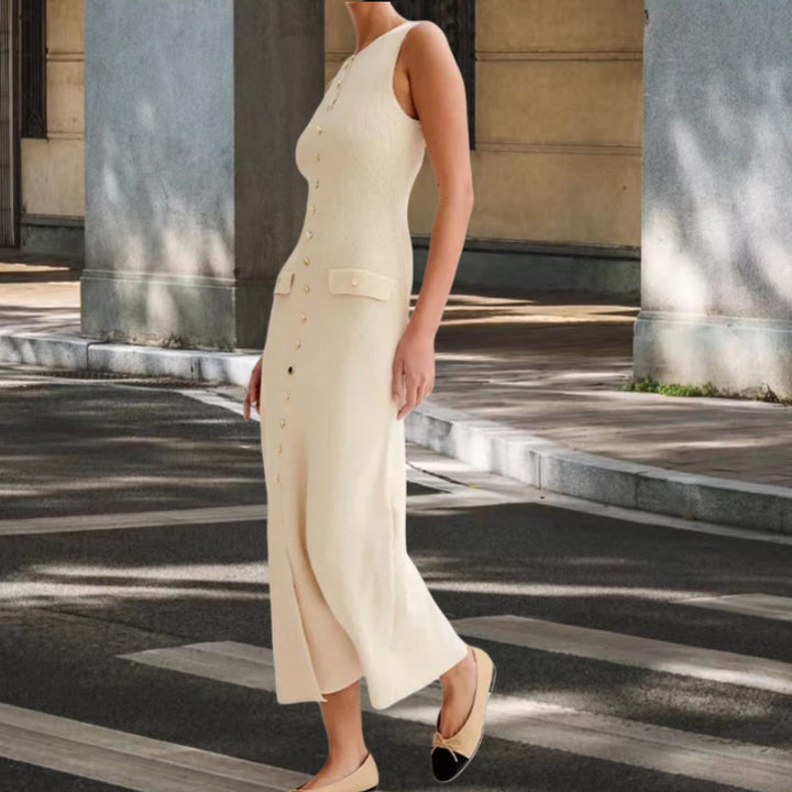 Damen Strickmaxikleid mit Knopfleiste und seitlichen Schlitzen Drune