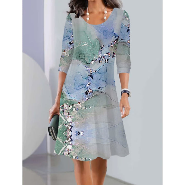 Damen A-Linien Kleid mit floralem Druck, U-Ausschnitt, Dreiviertelärmel und sanftem Ombre Drune