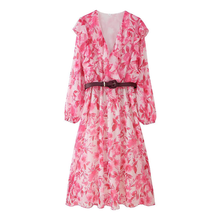 Damen nan fließendes Chiffon-Midikleid mit tiefem V-Ausschnitt, volants und tailliertem Gürtel Drune