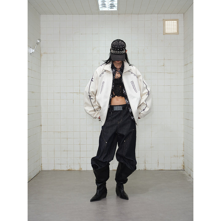 Unisex Oversize Fleecejacke mit Stehkragen und grafischem Skizzenprint Drune