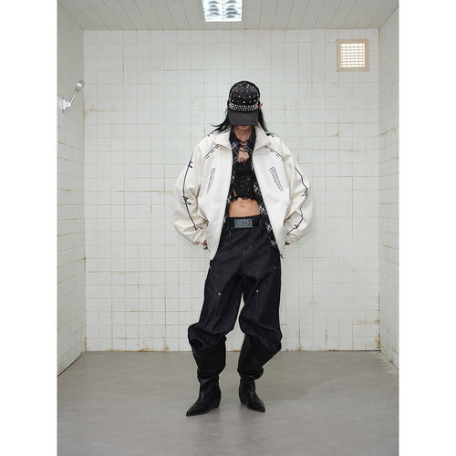 Unisex Oversize Fleecejacke mit Stehkragen und grafischem Skizzenprint Drune