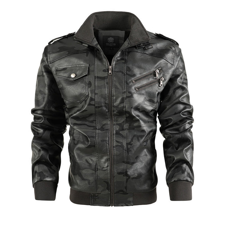 Herren Camouflage Kunstleder-Bomberjacke mit Reißverschluss-Brusttaschen und Rippbündchen Drune