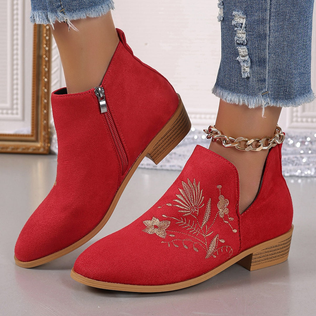 Damen Gestickte Ankle-Boots mit V-Cut und seitlichem Reißverschluss Drune
