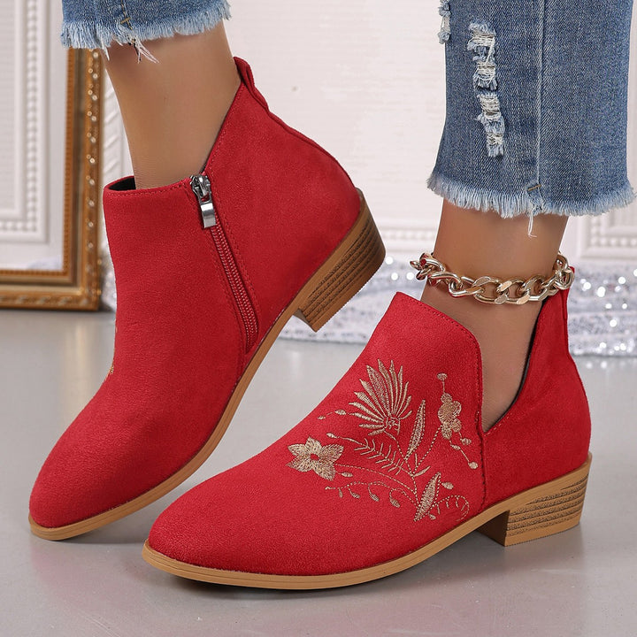 Damen Gestickte Ankle-Boots mit V-Cut und seitlichem Reißverschluss Drune
