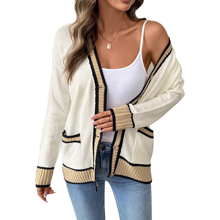 Damen Strickcardigan mit kontrastkanten, V-Ausschnitt, Knopfverschluss und aufgesetzten Taschen Drune