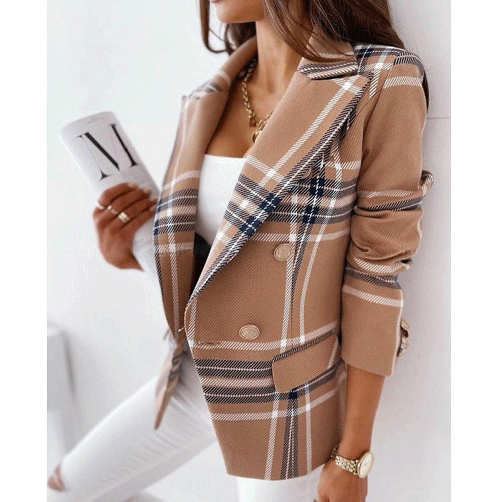 Damen Karierter Blazer mit Doppelreihiger Knopfleiste und Modernem Schnitt Drune