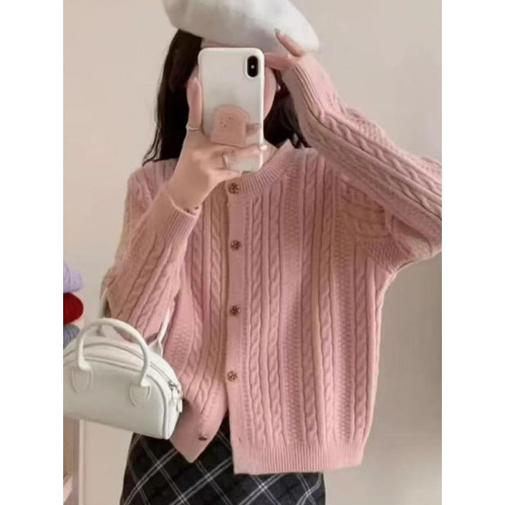 Damen elegante Strickjacke mit Zopfmuster und dekorativen Knöpfen Drune