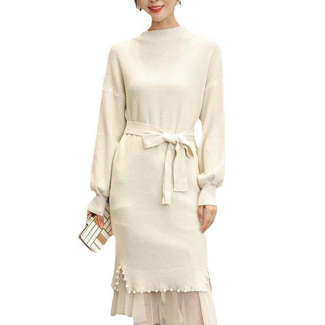 Damen elegantes Strickkleid mit Taillengürtel und dekorativem Saum Drune