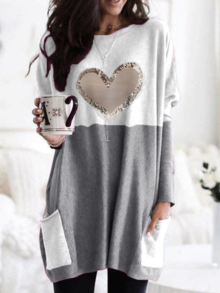 Damen Oversized Lange Pullover Tunika mit Pailletten-Herz und aufgesetzten Taschen Drune