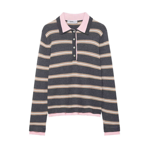 Damen Feinstrick-Rugby-Pullover mit kontrastierendem Kragen und Knopfleiste Drune