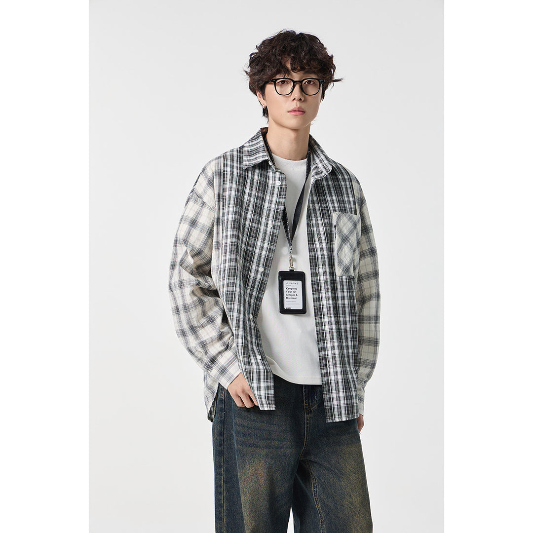 Unisex Kariertes Overshirt im Patchwork-Look mit Brusttasche Drune