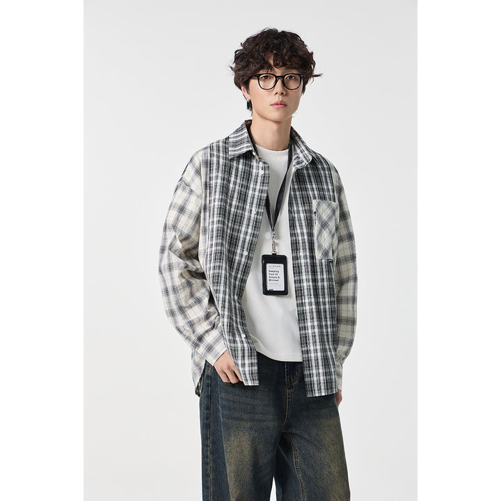Unisex Kariertes Overshirt im Patchwork-Look mit Brusttasche Drune