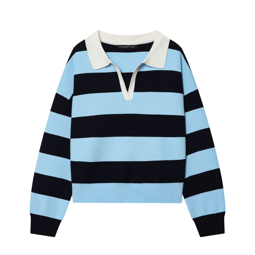 Damen nan gestreifter Rugby-Pullover mit Polokragen, V-Ausschnitt und kastiger Oversize-Silhouette Drune