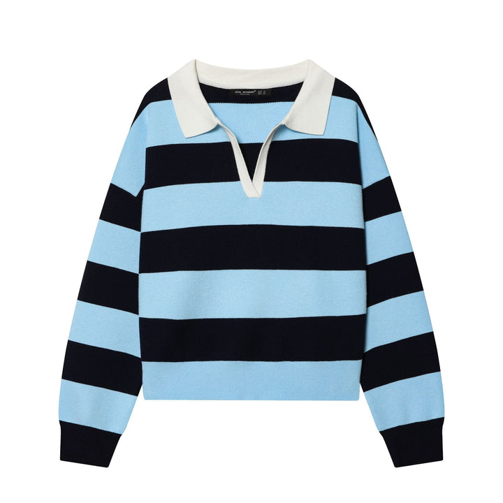 Damen nan gestreifter Rugby-Pullover mit Polokragen, V-Ausschnitt und kastiger Oversize-Silhouette Drune
