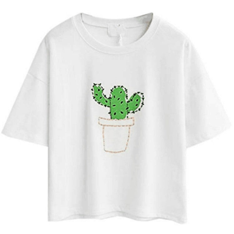 Damen lässiges T-Shirt mit süßem Katzen- und Pflanzenmotiv Drune