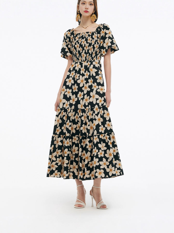 Damen Maxikleid mit voluminösem Rock und Blumenmuster Drune