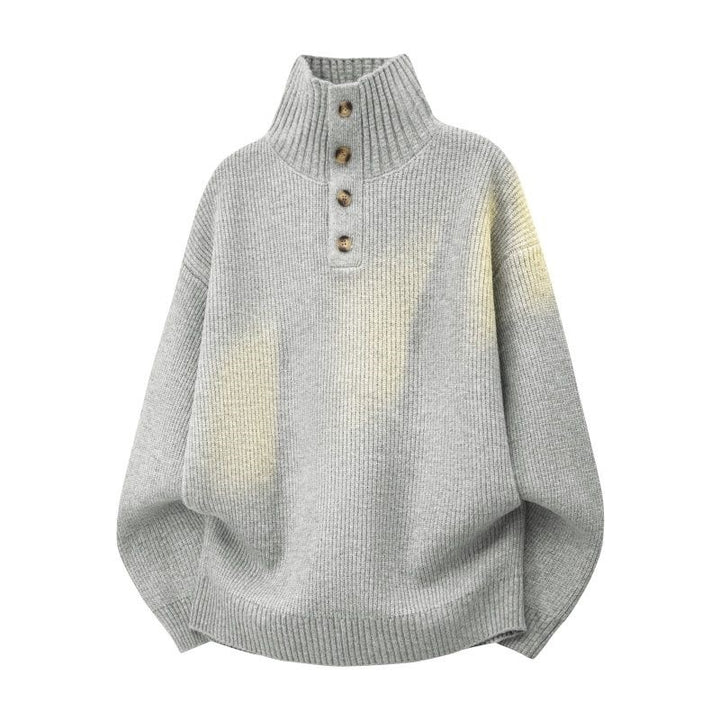 Damen Oversize Grobstrick-Pullover mit Knopfleiste am Stehkragen und Raglanärmeln Drune