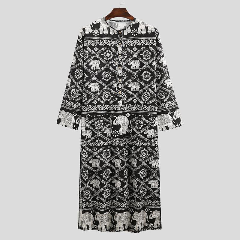 Damen nan Ethno-Maxikleid mit Stehkragen, kurzer Knopfleiste, überschnittenen Ärmeln und A-Linien-Schnitt Drune