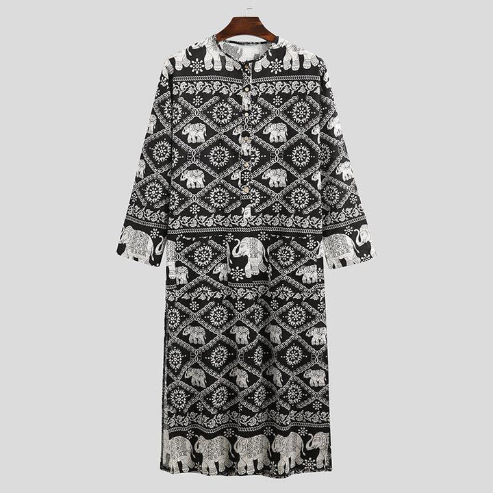 Damen nan Ethno-Maxikleid mit Stehkragen, kurzer Knopfleiste, überschnittenen Ärmeln und A-Linien-Schnitt Drune