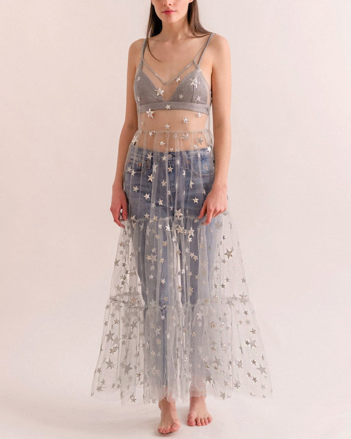 Damen Transparente Maxikleid aus Chiffon mit Sternen-Design und mehrlagigem Saum Drune