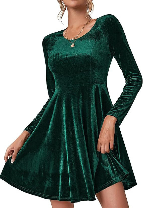 Damen Elegantes Samtkleid mit geschwungenem Saum und langen Ärmeln Drune