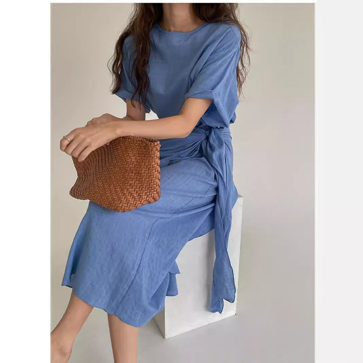 Damen Midi-Kleid mit seitlicher Knotendrapierung, überschnittener Kurzarm und gerader Silhouette Drune