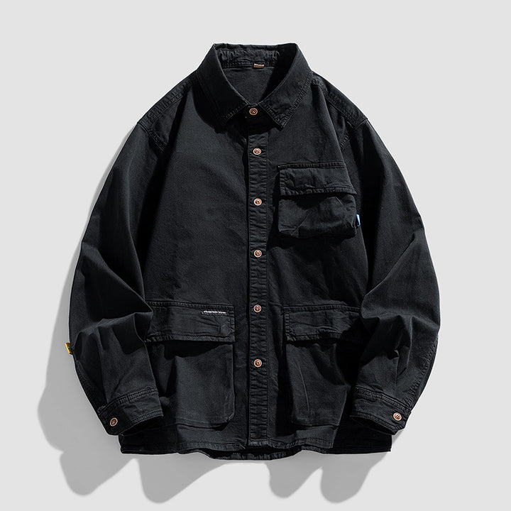 Herren Lockere Utility-Overshirt-Jacke mit Mehrfach‑Taschen aus robustem Baumwoll‑Twill Drune