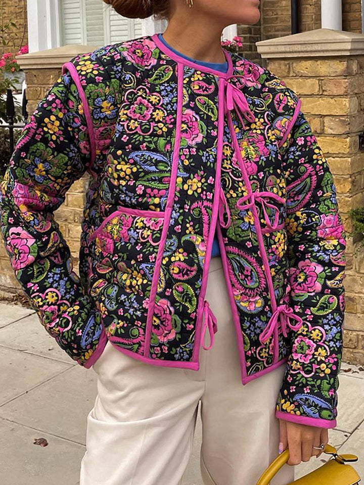 Damen Modische Steppjacke mit floralem Muster und praktischen Taschen Drune