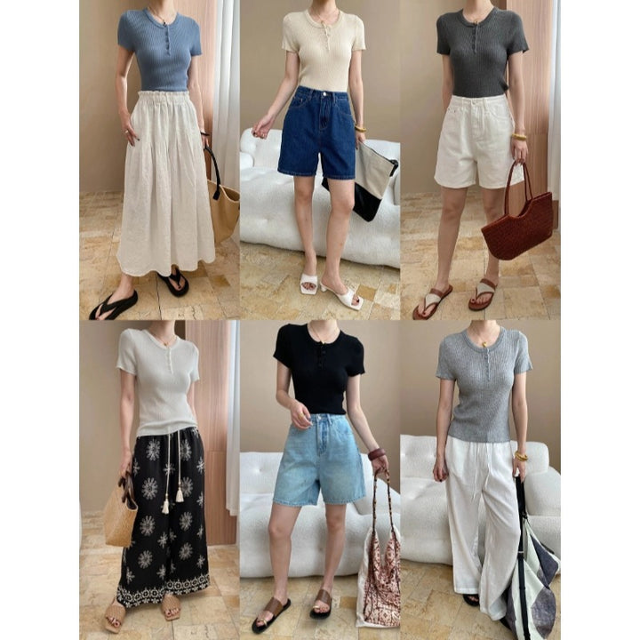 Damen kurzarm Henley-Oberteil mit feiner Rippstruktur Drune