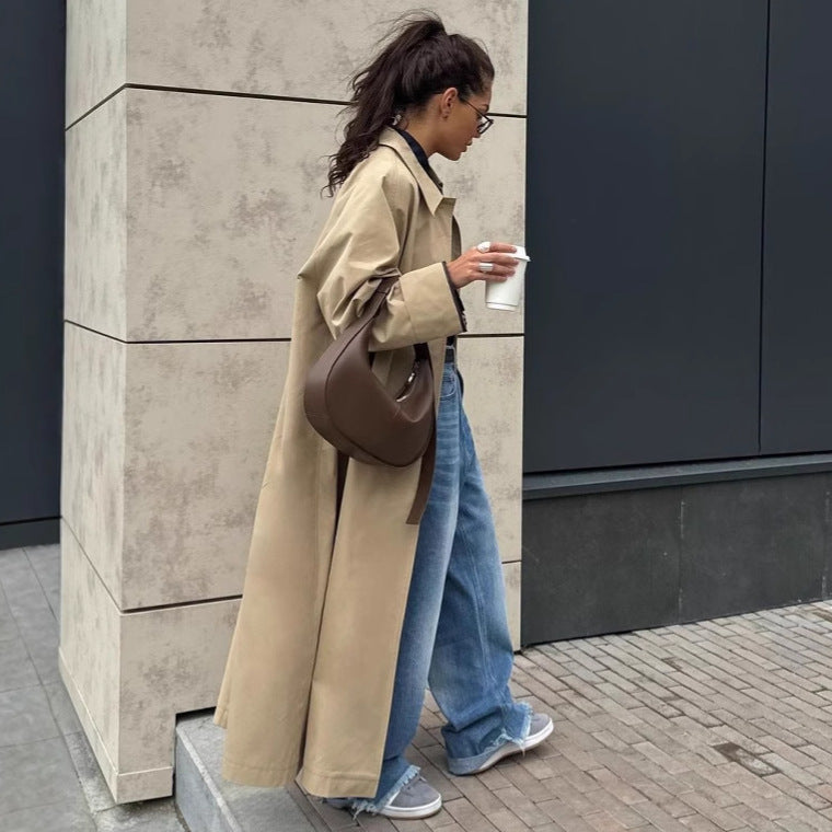 Damen Lange und elegante Trenchcoat-Jacke aus wasserabweisendem Material Drune