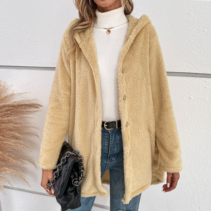 Damen flauschige Übergangsjacke mit Kapuze und Knopfverschluss Drune