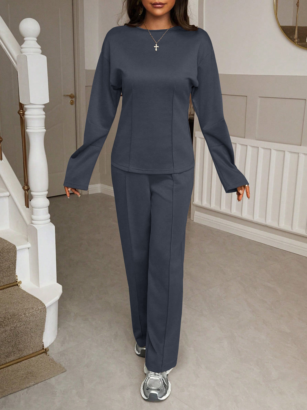 Damen nan weiches Lounge-Set mit tailliertem Sweatshirt, formgebenden Nahtdetails und weitem Palazzohosen-Bein Drune