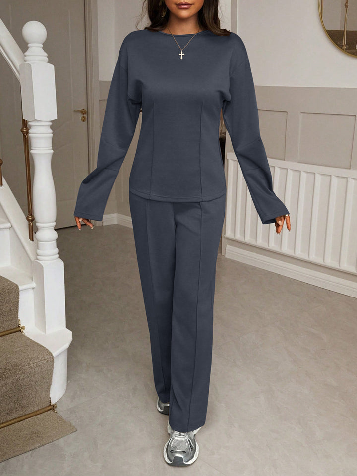 Damen nan weiches Lounge-Set mit tailliertem Sweatshirt, formgebenden Nahtdetails und weitem Palazzohosen-Bein Drune