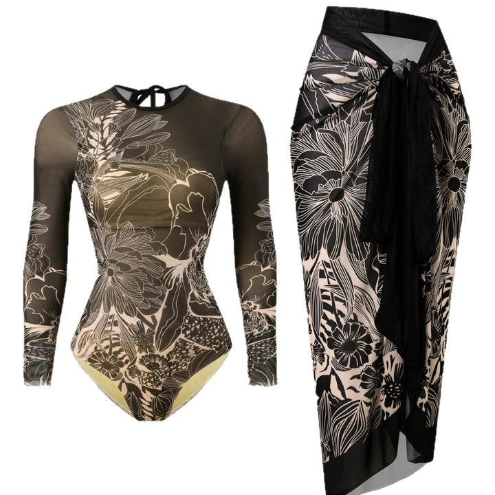 Damen Badeset mit floralem Langarm-Oberteil und raffiniertem Wickelrock Drune