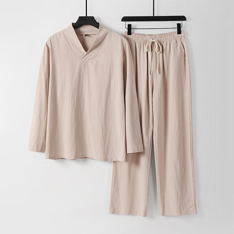 Unisex Zen-inspiriertes Leichtes Loungewear-Set mit V-Ausschnitt-Shirt und Elastischer Kordelbund-Hose Drune
