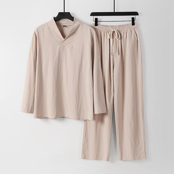 Unisex Zen-inspiriertes Leichtes Loungewear-Set mit V-Ausschnitt-Shirt und Elastischer Kordelbund-Hose Drune