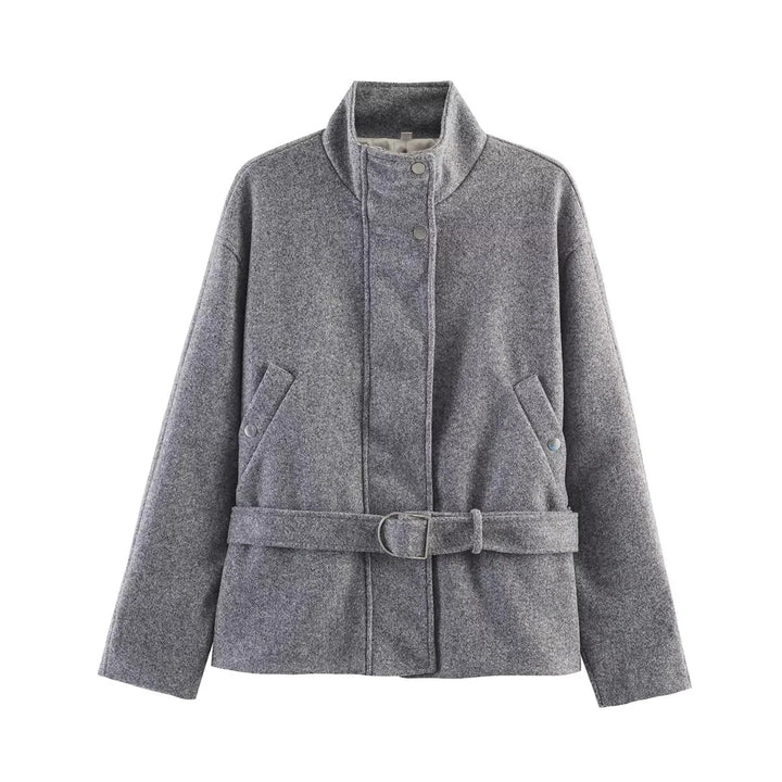 Damen nan taillierte Kurzjacke im Wollmix mit Stehkragen, Druckknopfleiste und Bindegürtel Drune