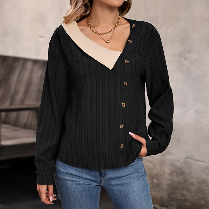 Damen Rippstrick-Top mit asymmetrischer Knopfleiste und kontrastierendem V‑Einsatz Drune
