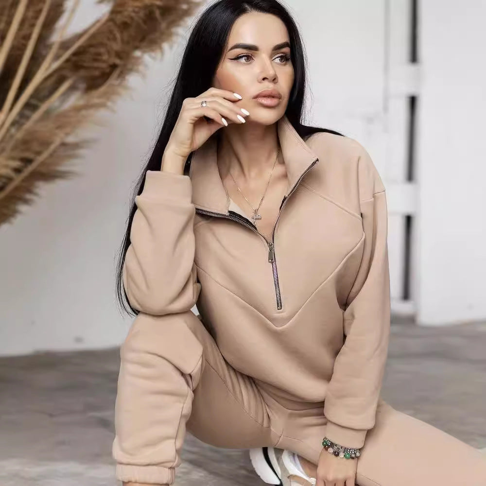 Damen Zweiteiliges Sweat-Loungewear-Set mit Troyer-Reißverschluss und elastischer Jogginghose Drune