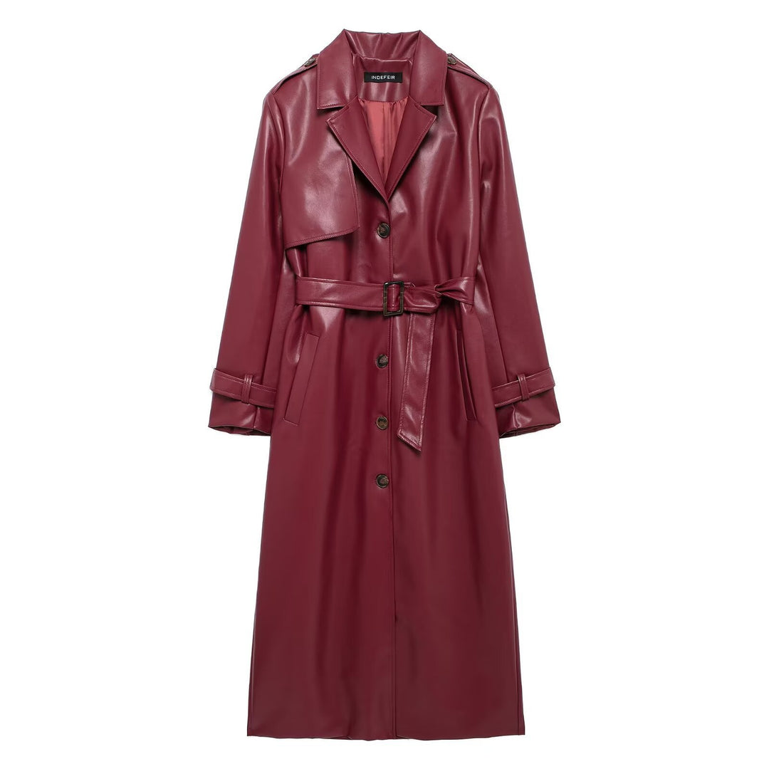 Damen Doppelreihiger Trenchcoat aus Kunstleder mit Gürtel Drune