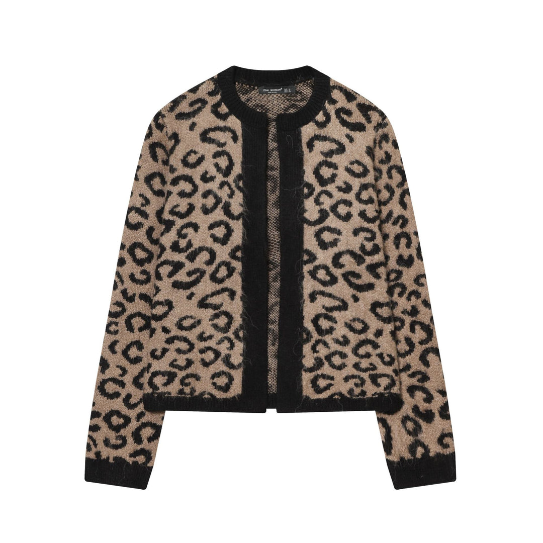 Damen nan kuschelige Leopard-Muster Strickjacke mit offener Front, Rippbündchen und weichem Mohair-Effekt Drune