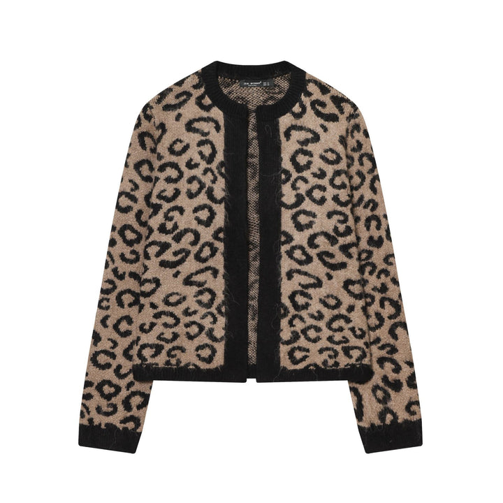 Damen nan kuschelige Leopard-Muster Strickjacke mit offener Front, Rippbündchen und weichem Mohair-Effekt Drune