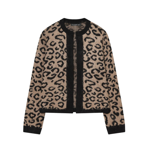 Damen nan kuschelige Leopard-Muster Strickjacke mit offener Front, Rippbündchen und weichem Mohair-Effekt Drune