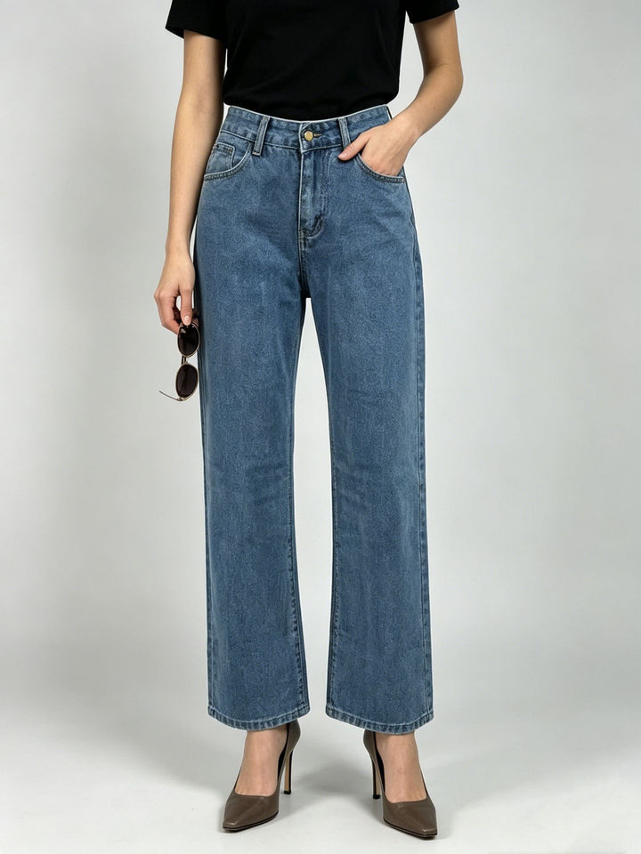 Damen nan hochgeschnittene Straight-Leg-Jeans mit geradem Bein und dezenter Vintage-Waschung Drune