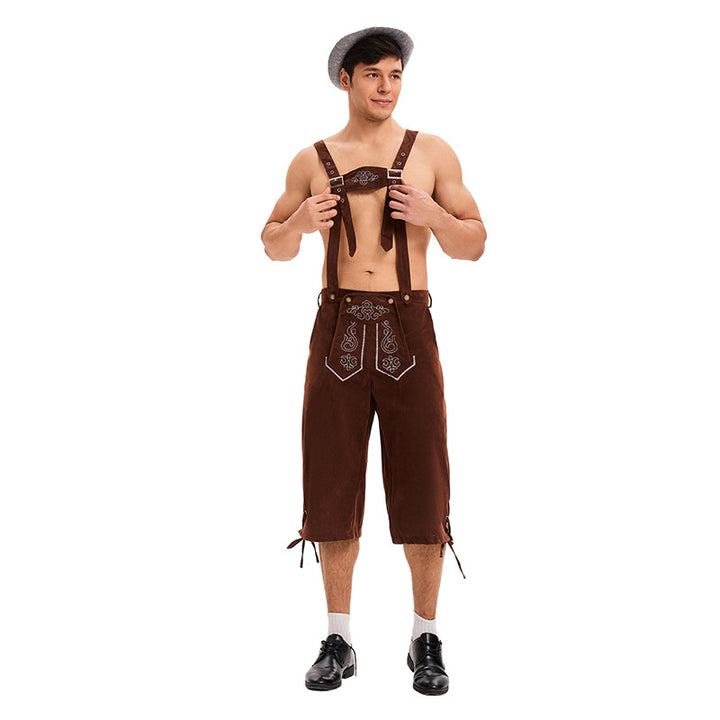 Herren nan traditionelle kurze Trachtenlederhose mit bestickten verstellbaren Hosenträgern Drune