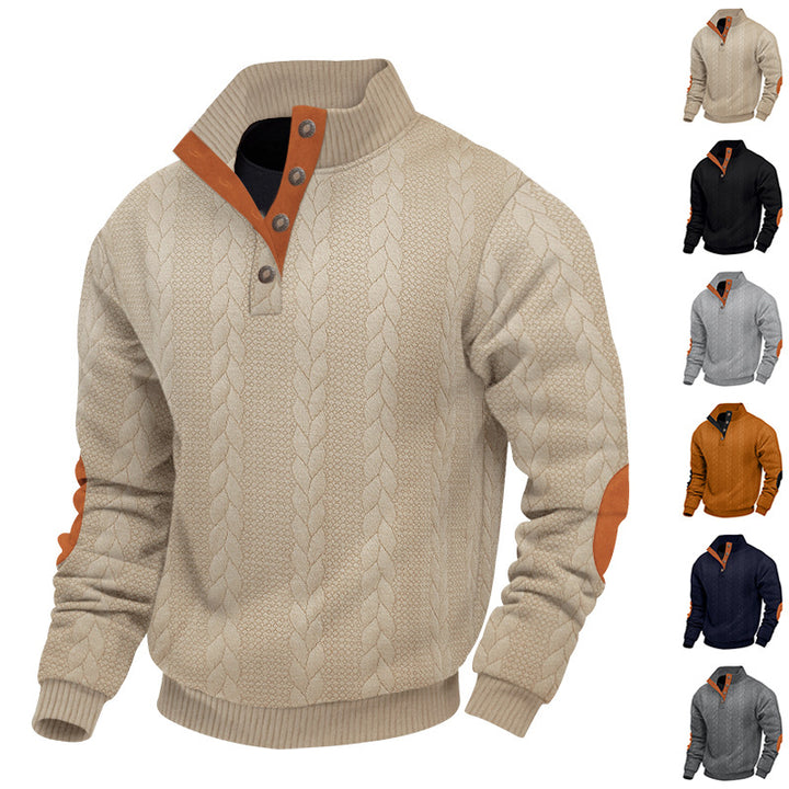 Herren nan strukturiertes Kabelstrick-Henley-Pullover mit Stehkragen und Ellbogenpatches Drune