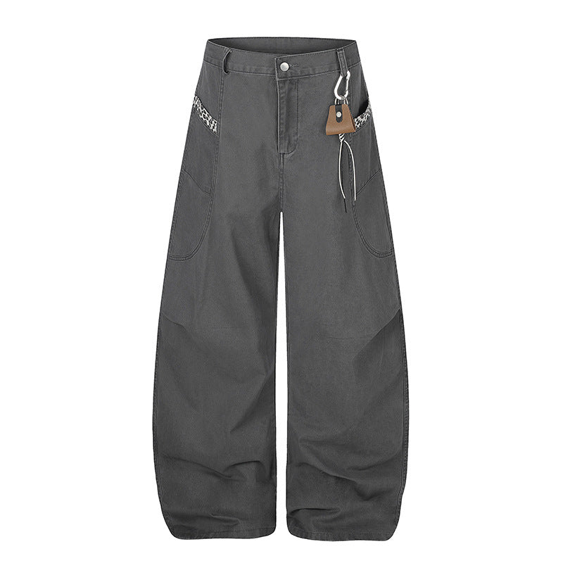 Damen Extraweite Palazzohose mit hoher Taille, Cargo‑Taschen und dekorativem Schlüsselanhänger Drune