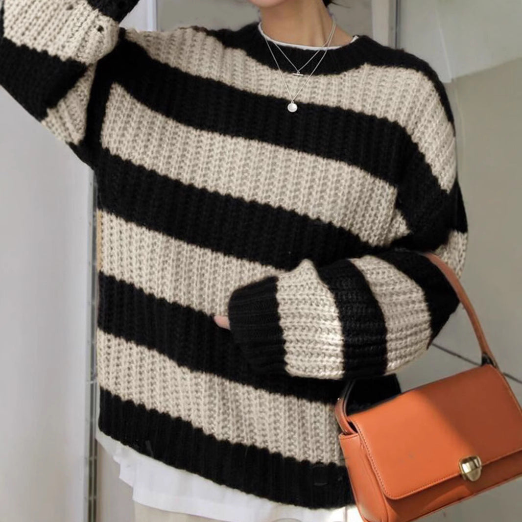 Damen modischer Strickpullover mit breiten Streifen und lockerer Passform Drune