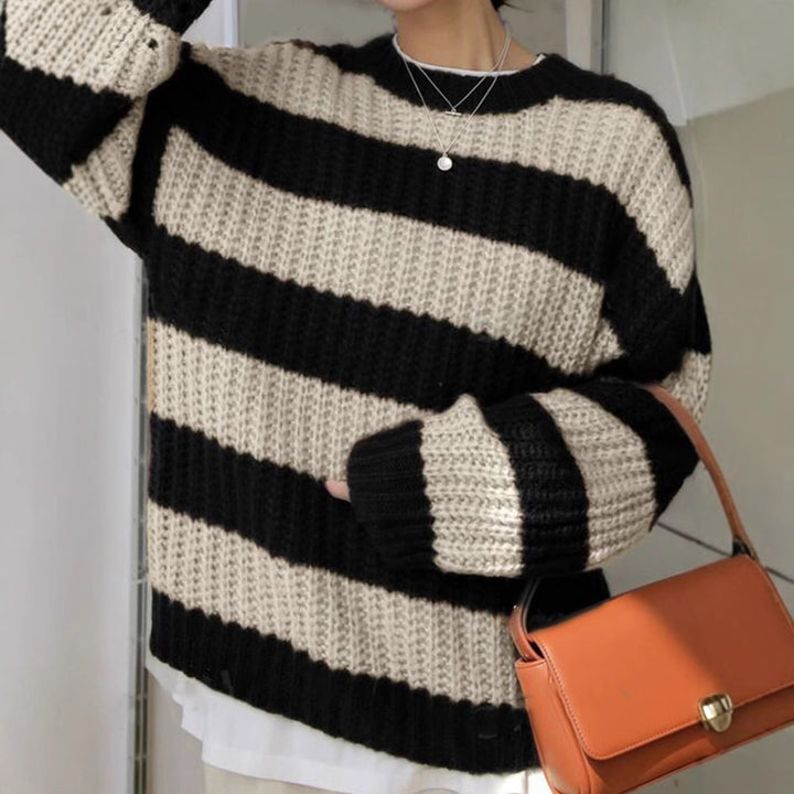 Damen modischer Strickpullover mit breiten Streifen und lockerer Passform Drune