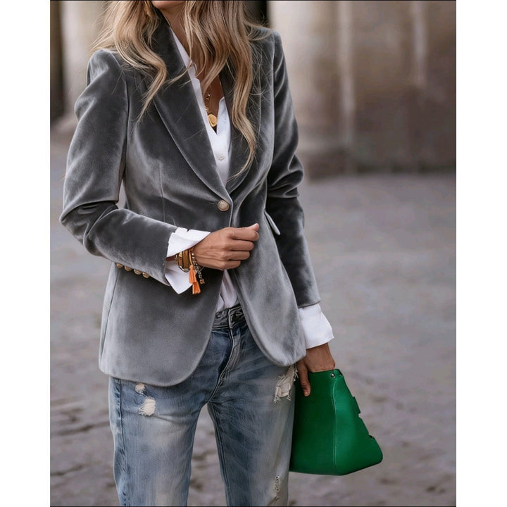 Damen Taillierter Samtblazer mit femininer Silhouette, Reverskragen und Zierknopf-Details Drune